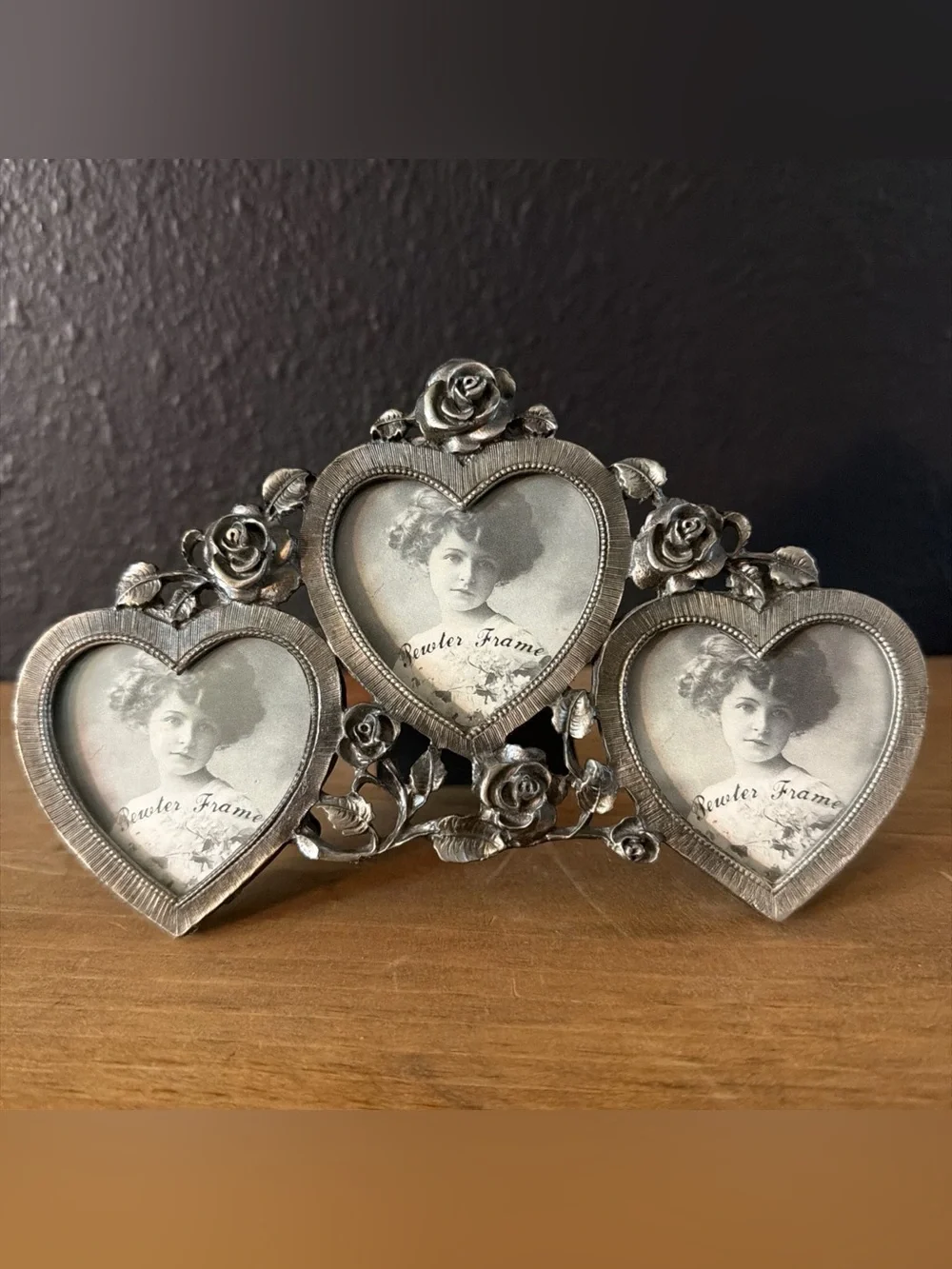 Vintage Pewter Triple Heart Photo Picture Frame Ornate Victorian Rose Grannycore
